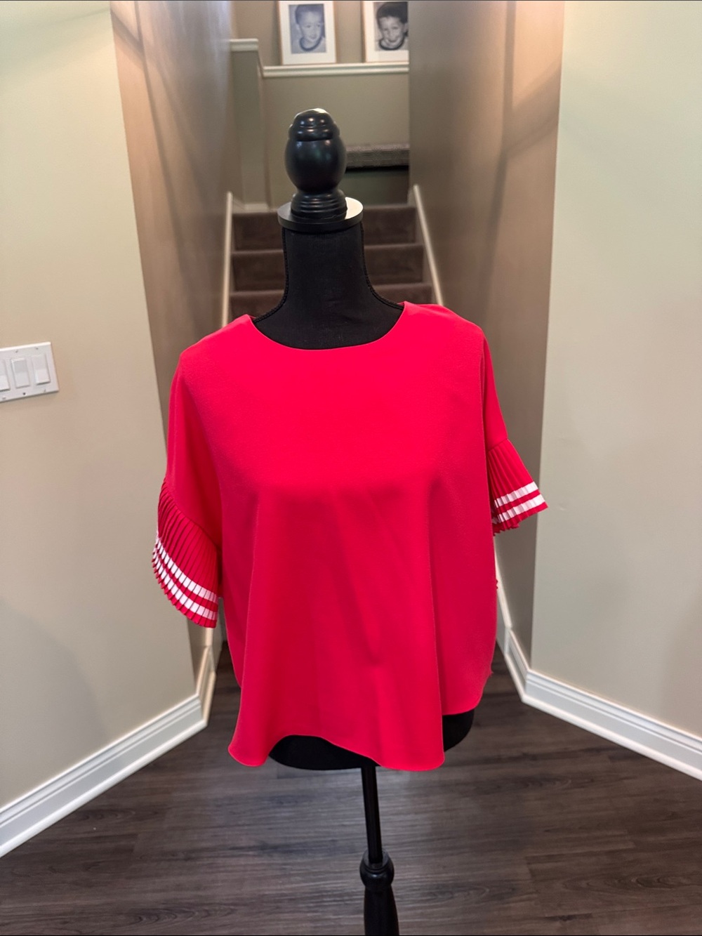 Women’s Red Short Sleeve Blouse with Pleated Stripe Cuffs